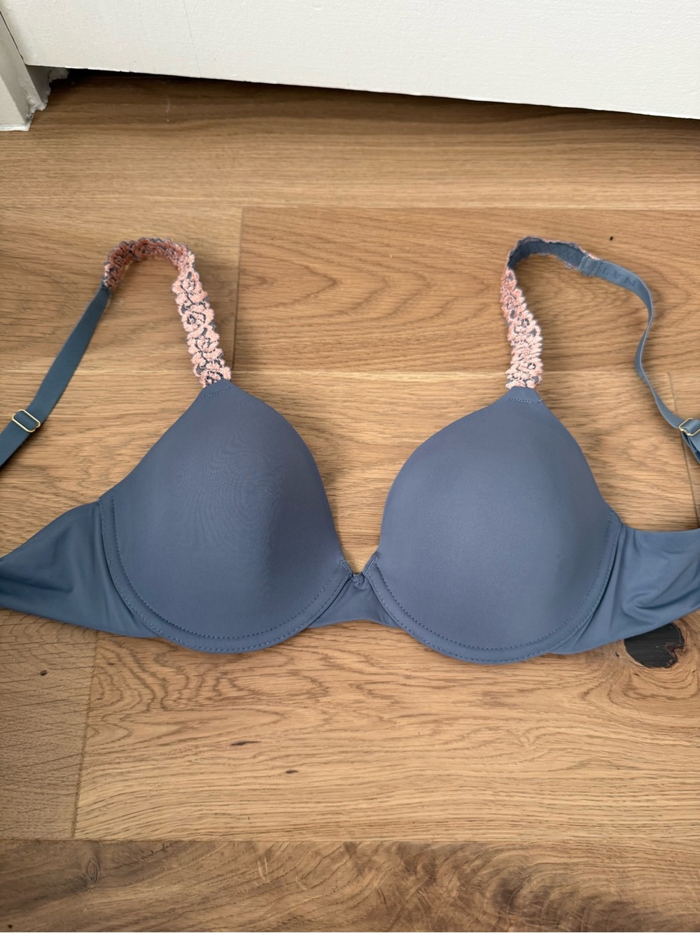 Natori Slate Blue Smooth Push-Up Bra with Pink Lace Straps